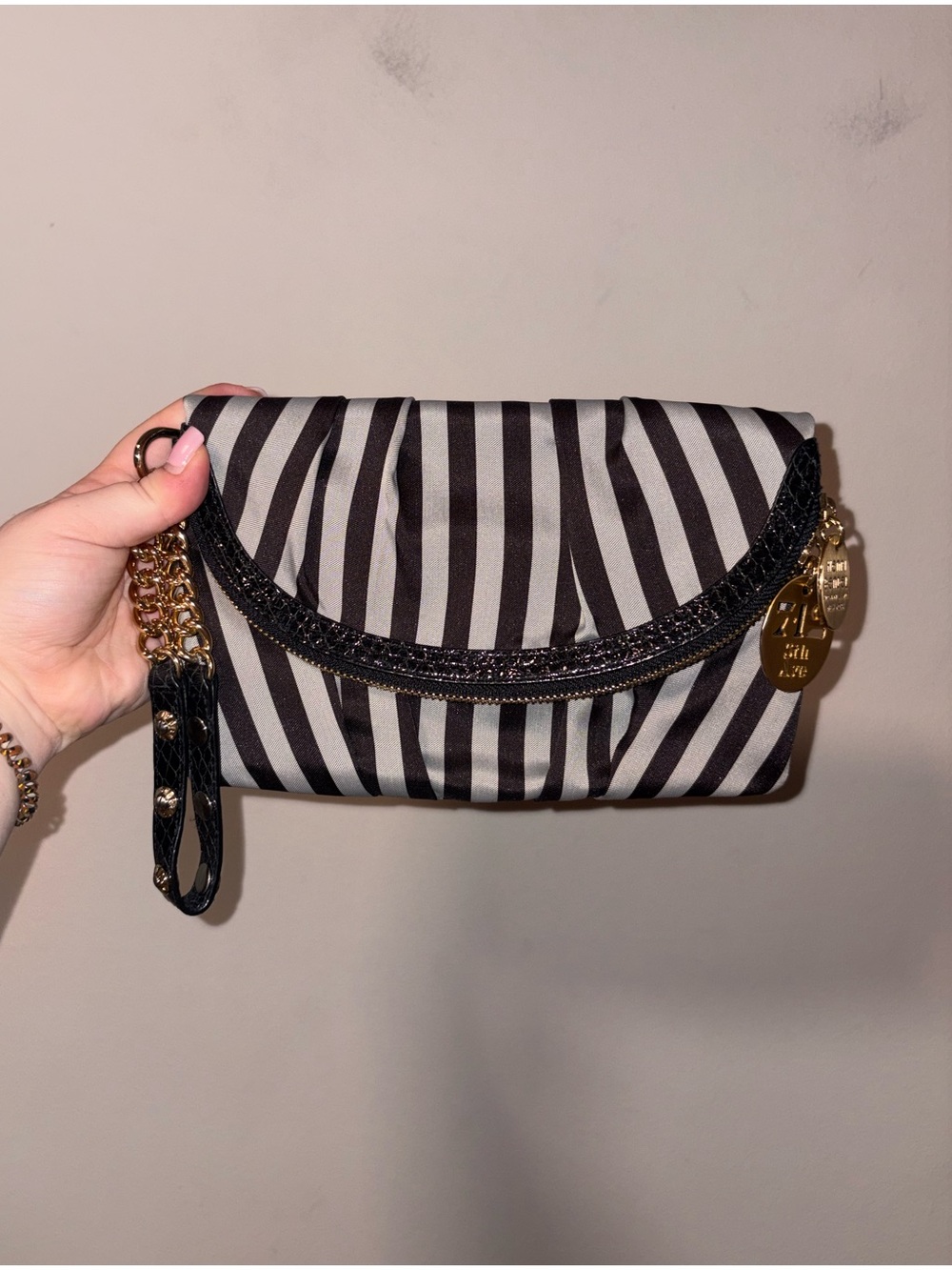 Vintage Henri Bendel Signature Stripe Foldover Wristlet Centennia Stripe w/ Gold